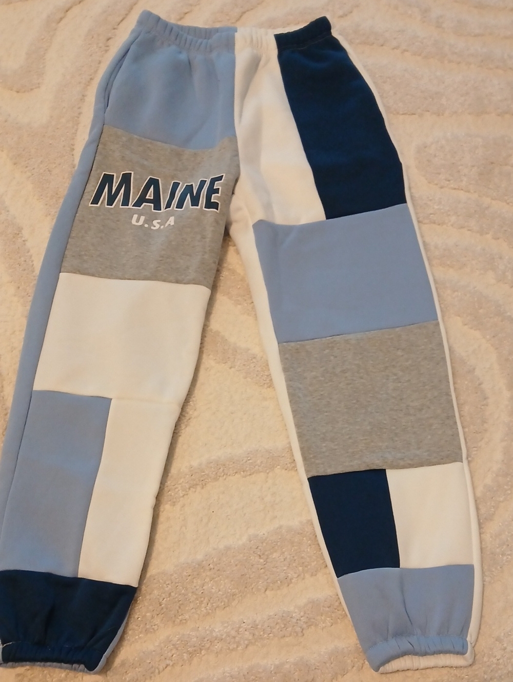 SHEIN Blue White Gray Patchwork Jogger Pants with MAINE USA Graphic